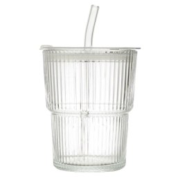 Szklanka ryflowana Intesi do napoju ze słomką i pokrywką 300 ml ( Rozmiar: uniwersalny )
