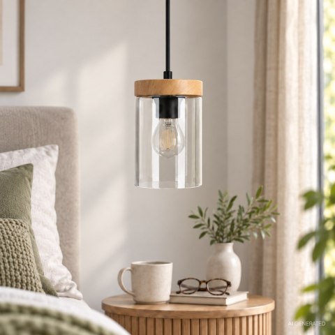 Wels lampa wisząca 1X40 czarny+drewniany klosz dymiony 31-21984