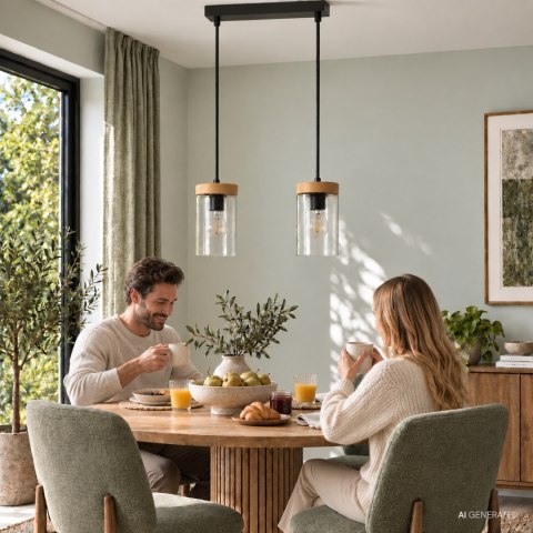 Wels lampa wisząca 2X40 czarny+drewniany klosz dymiony 32-21991